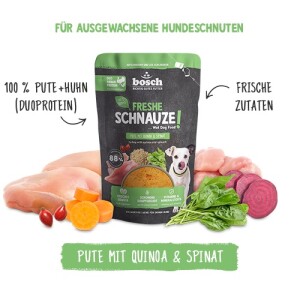 BOSCH Nassfutter FRESHE SCHNAUZE 250g für Hunde Pute mit Quinoa & Spinat