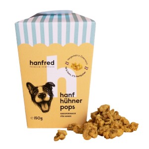HANFRED Snack Nahrungsergänzung Hanf 2% Hühner Pops 150g für Hunde