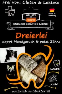 QCHEFS Ergänzungsfuttermittel DREIERLEI Käsesnacks 65g stoppt Mundgeruch Hund
