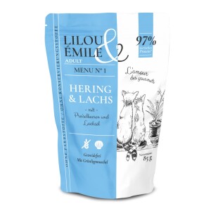 SAGAFLOR Katzennassfutter Lilou & Émile Hering & Lachs 97% tierisches Protein 85g