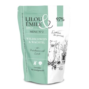 SAGAFLOR Katzennassfutter Lilou & Émile Wildschwein & Wachtel 97% tierisches Protein 85g