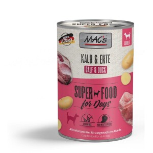 MACS Nassfutter KALB und ENTE 94% Fleischanteil getreidefrei für Hunde 1 x 400g