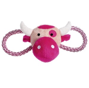 KARLIE Hundespielzeug Kuhkopf mit Seil Plüsch Squeaker Pink-Weiß 30cm