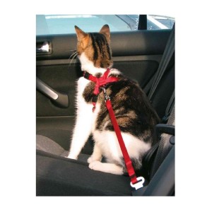 TRIXIE Transport Auto-Geschirr + Anschnallgurt 20-50cm/15mm rot für Katzen