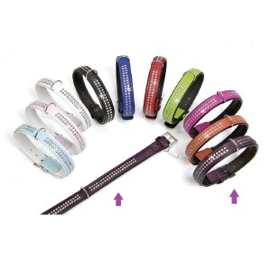 KARLIE Lederhalsband VINTAGE STRASS violett 45cm schwarz unterlegt für Hunde